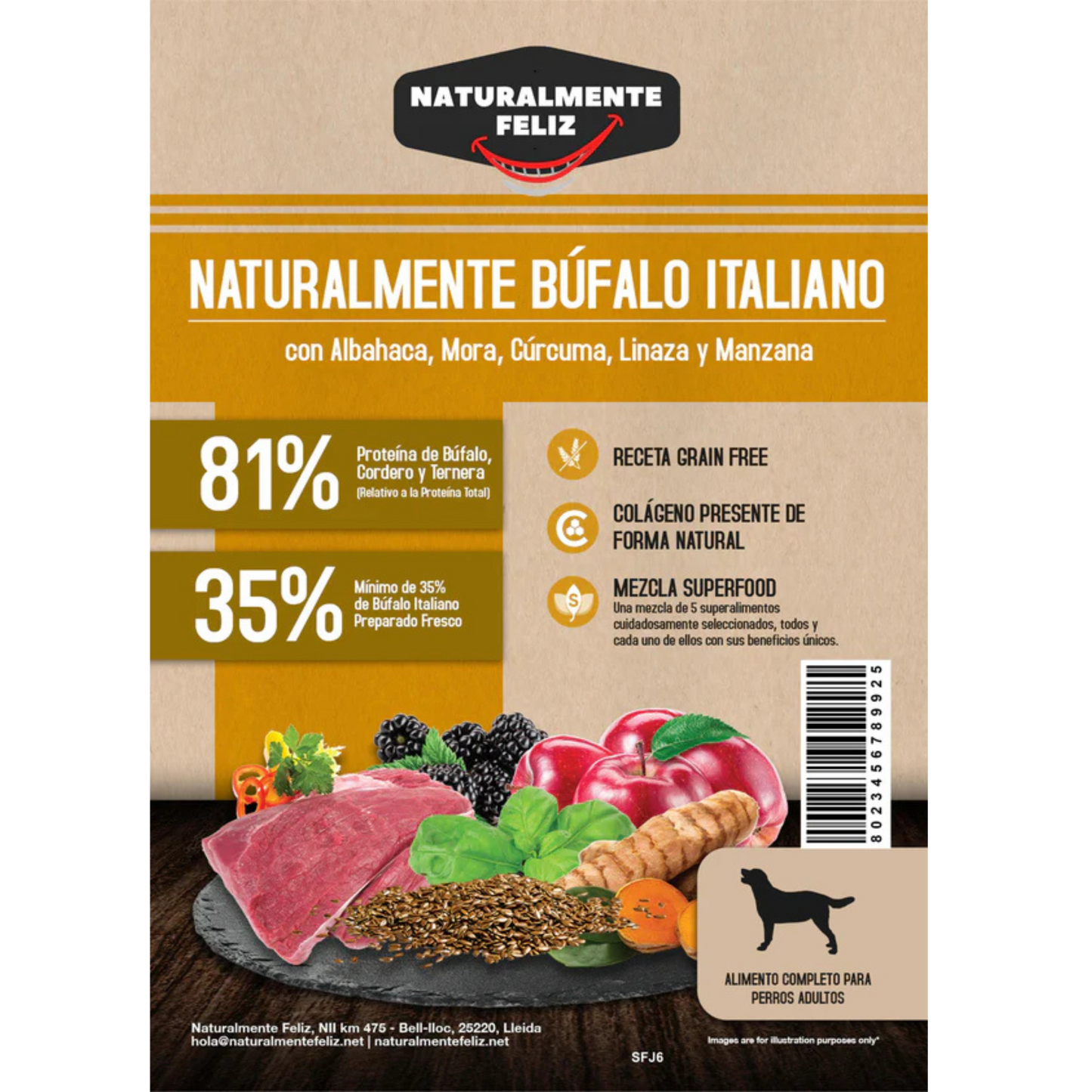 Naturalmente Búfalo Italiano con super alimentos - Pienso seco raza mediana/grande 6kg