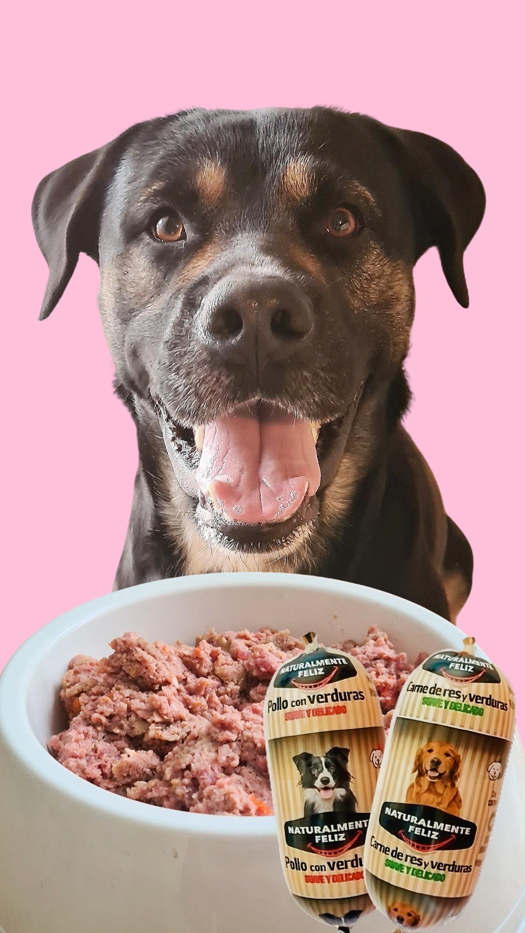 Un feliz perro negro y fuego se sienta frente a un fondo rosa, sonriendo con la lengua afuera. Delante del perro, hay un plato de carne picada y dos latas de comida húmeda completa para perros con la etiqueta "Mix Cocido Natural de Pollo - Ternera fresca y verduras - Naturalmente Feliz (5,4KG - 12 X 450gr)" de Naturalmente Feliz.