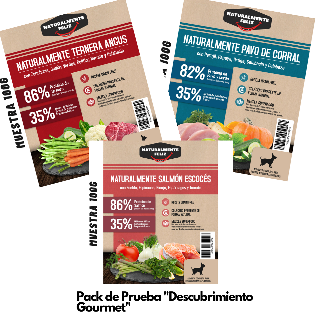 Pack de Prueba "Descubrimiento Gourmet" - Ternera Angus, Salmón Escocés, Pavo de Corral (3 x 100g ) Raza Pequeña