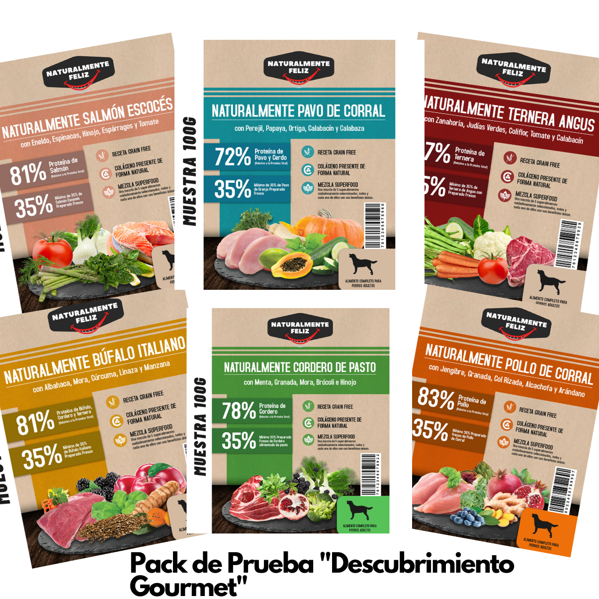 Pack de Prueba "Descubrimiento Gourmet" - Ternera Angus, Salmón Escocés, Pavo de Corral, Cordero de Pasto, Búfalo Italiano, Pollo de corral (6 x 100g ) Raza Mediana/Grande