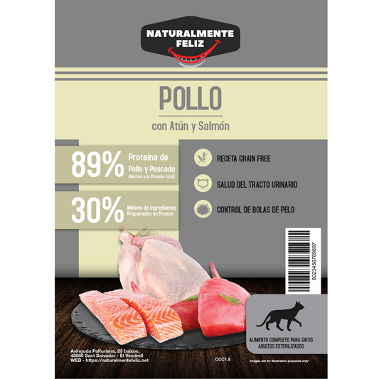 Pienso natural para gato Pollo, atún y salmón Naturalmente Feliz