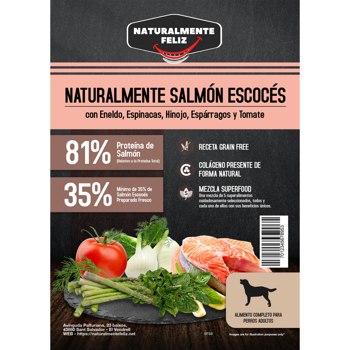 Pienso Grain Free perro mediano grande Salmón Escocés con eneldo, espinacas, hinojo, espárragos y tomate Naturalmente Feliz