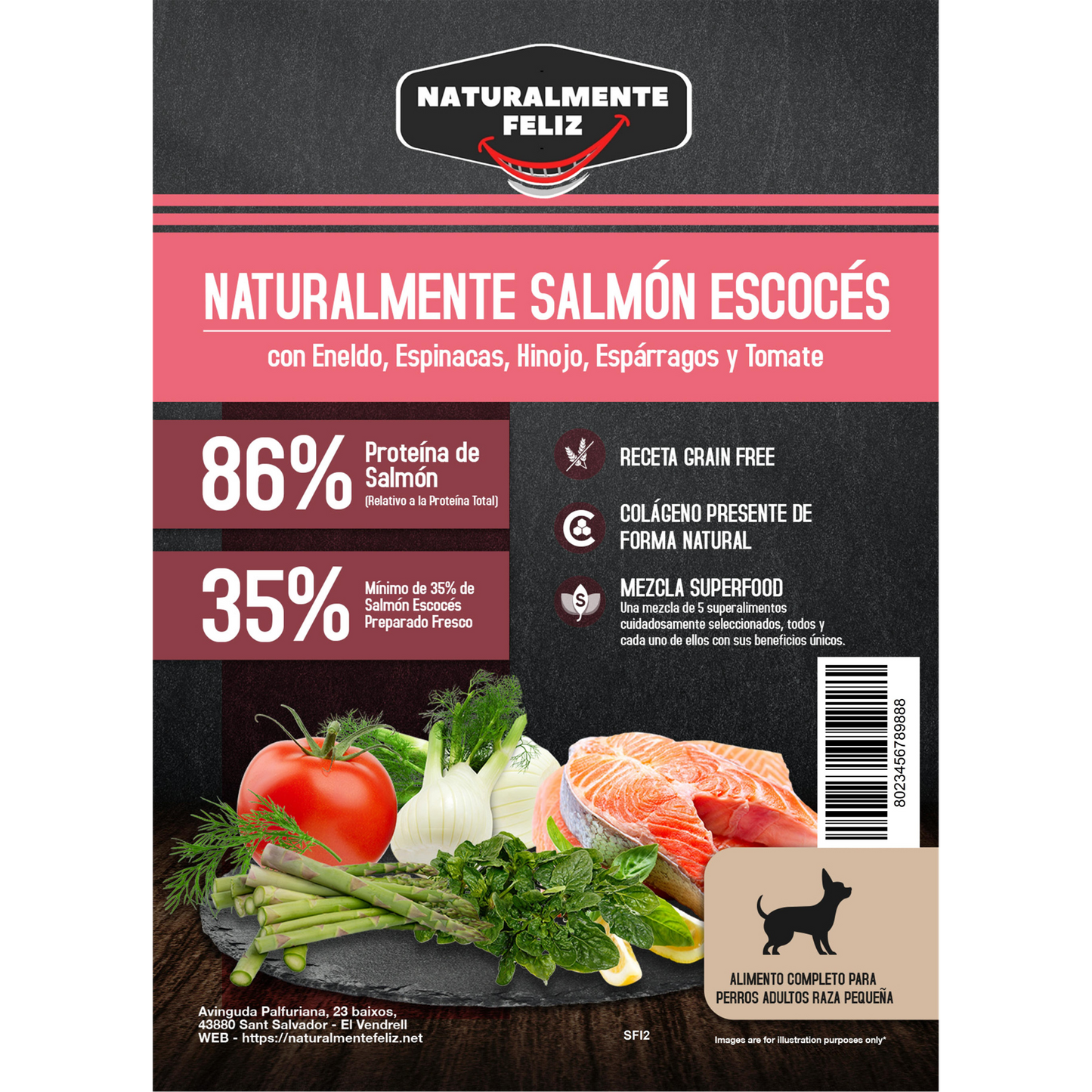 Pienso Natural Grain Free perro pequeño mediano Salmón Escocés con eneldo, espinacas, hinojo, espárragos y tomate Naturalmente Feliz