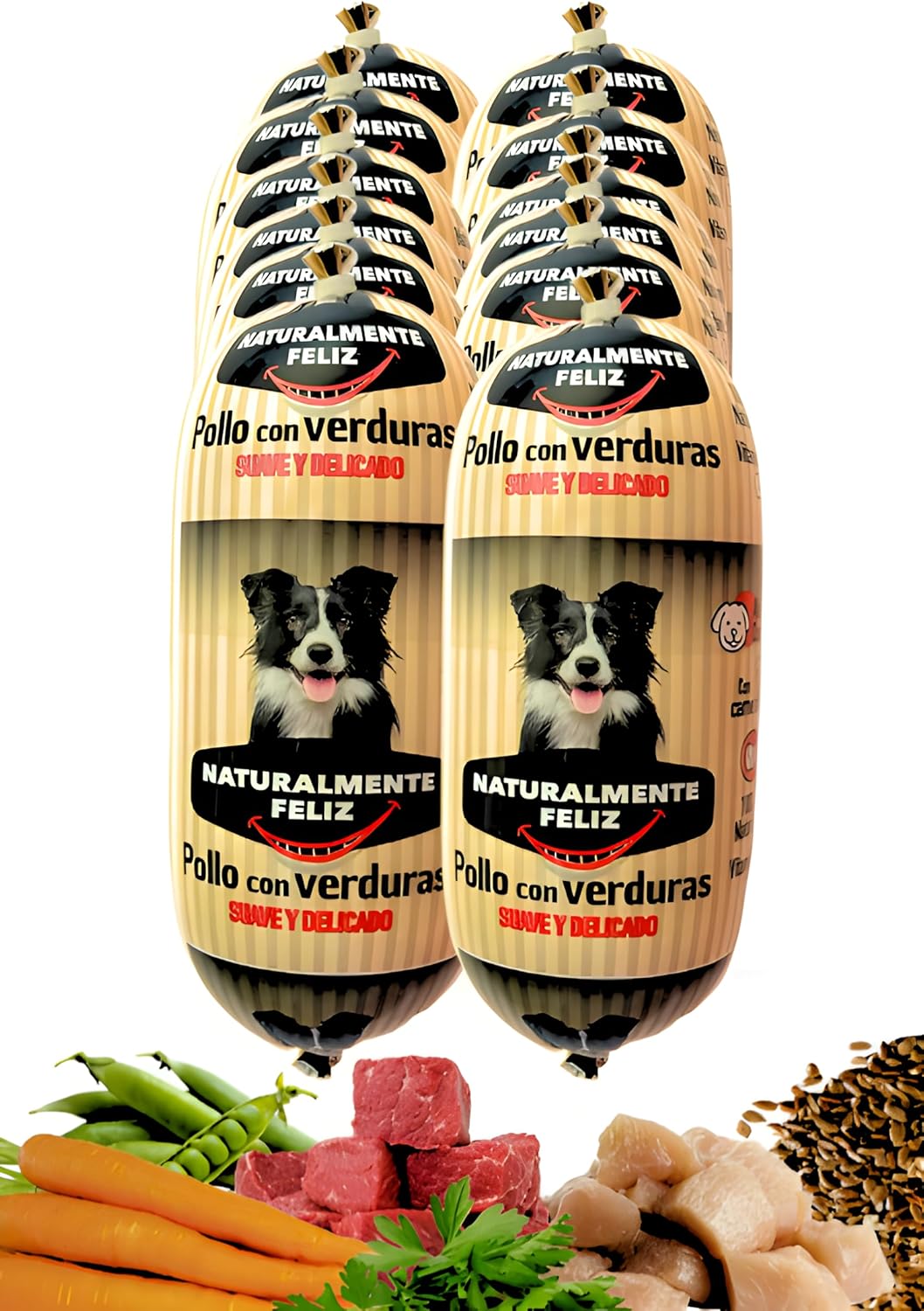 Imagen de varios rollos de comida para perros Naturalmente Feliz Cocido Natural de Pollo fresco y verduras - Naturalmente Feliz (5,4KG - 12 X 450gr), con la etiqueta "Pollo con verduras". Los rollos tienen un perro feliz en el paquete. Debajo se muestran ingredientes frescos como pollo recién preparado, carne de res, zanahorias, judías verdes y hierbas. Comida húmeda completa para la nutrición diaria de los perros.