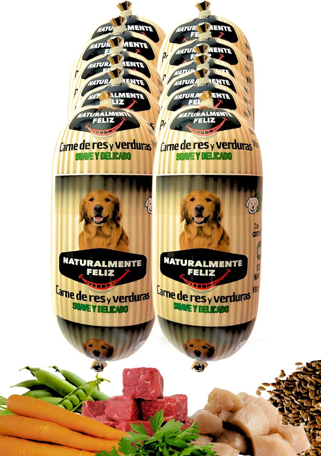 Los paquetes de "Cocido Natural de Ternera fresca y verduras - Naturalmente Feliz (5,4KG - 12 X 450gr)" de Naturalmente Feliz están dispuestos en semicírculo. La etiqueta muestra un perro feliz y dice "Carne de res y verduras, Suave y Delicado". A continuación se muestran los ingredientes seleccionados como zanahorias, guisantes, carne de res, hierbas y otros alimentos.