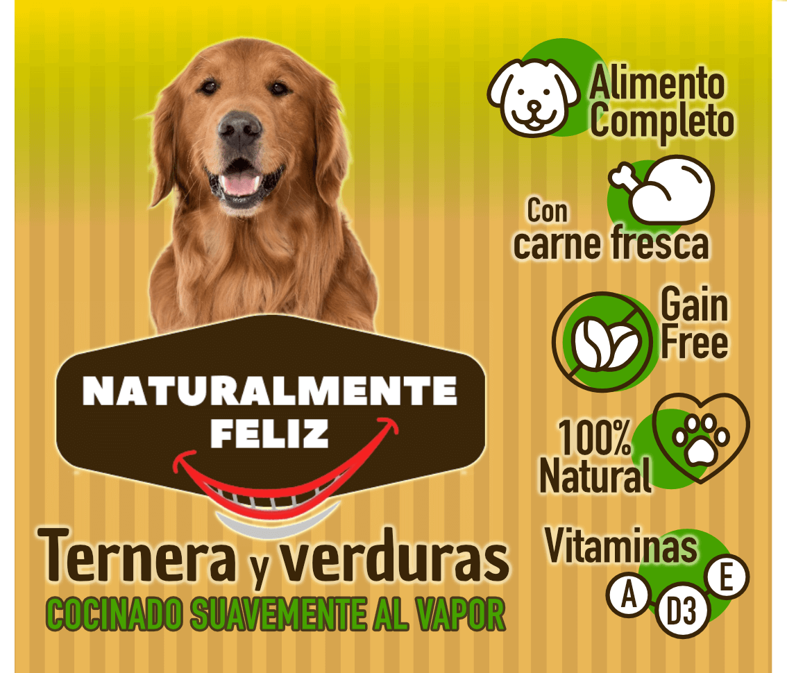 Una etiqueta para comida para perros que muestra la imagen de un golden retriever feliz. La etiqueta destaca características como "Naturalmente Feliz", "Ternera y verduras", "Alimento Completo", "Con carne fresca", "Grain Free", "100% Natural" y varias vitaminas, incluidas A, D3 y E. con ingredientes seleccionados. El nombre del producto es Cocido Natural de Ternera fresca y verduras - Naturalmente Feliz (5,4KG - 12 X 450gr) de la marca Naturalmente Feliz.