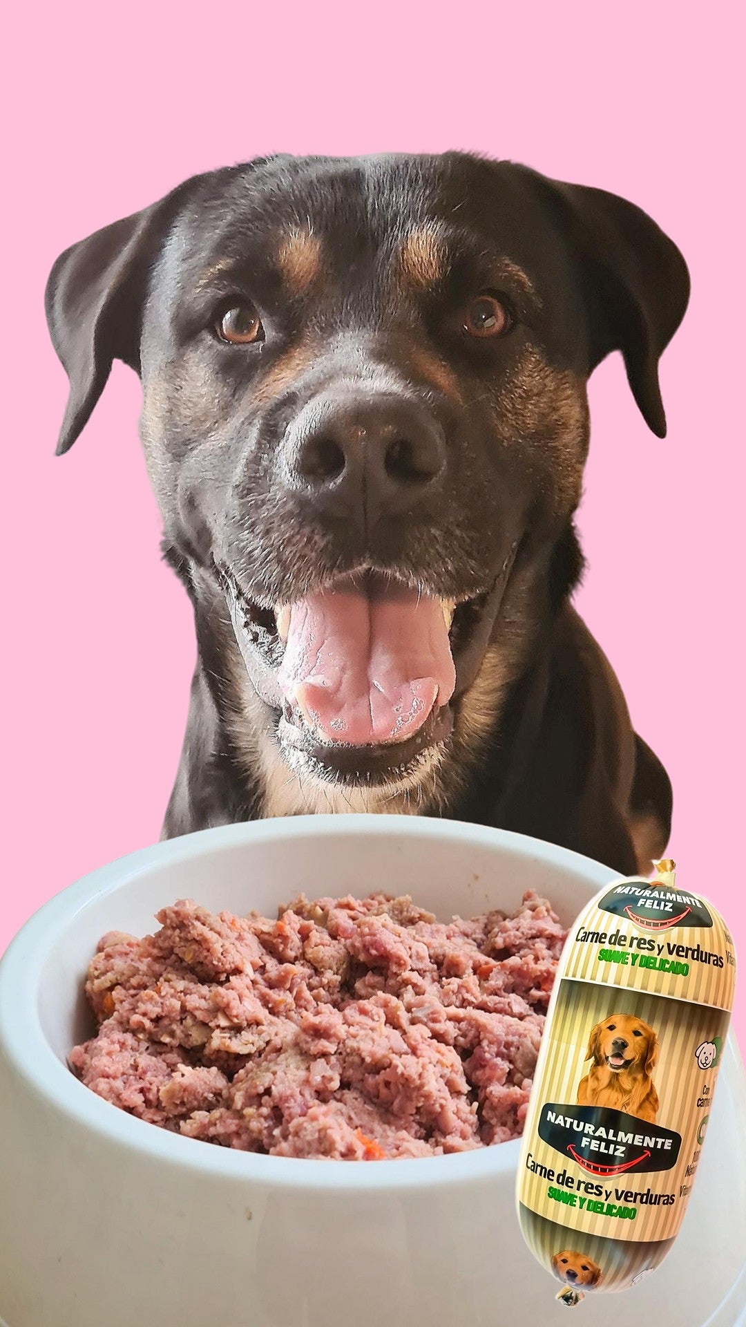 Un feliz perro negro y marrón espera ansiosamente su comida, con un plato de carne cruda delante. Al lado del bol, hay un paquete con la etiqueta "Cocido Natural de Ternera fresca y verduras - Naturalmente Feliz (5,4KG - 12 X 450gr)", con ingredientes seleccionados. El fondo es rosa, lo que contribuye a la escena alegre.