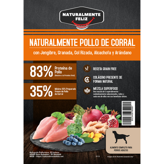 Pienso Natural Grain Free para perro mediano grande Pollo de corral con jengibre, granada, col rizada, alcachofa y arándano