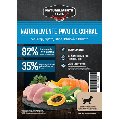 Pienso natural Grain Free Naturalmente feliz de Pavo de corral con perejil, papaya, calabacín y calabaza para perros mediano pequeño