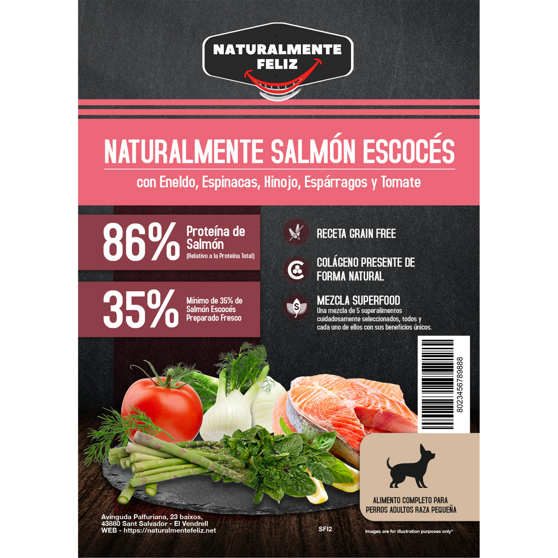 Pienso Natural Grain Free perro pequeño mediano Salmón Escocés con eneldo, espinacas, hinojo, espárragos y tomate Naturalmente Feliz