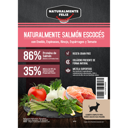 Pienso Natural Grain Free perro pequeño mediano Salmón Escocés con eneldo, espinacas, hinojo, espárragos y tomate Naturalmente Feliz