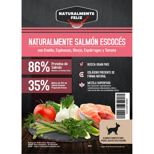 Pienso Natural Grain Free perro pequeño mediano Salmón Escocés con eneldo, espinacas, hinojo, espárragos y tomate Naturalmente Feliz