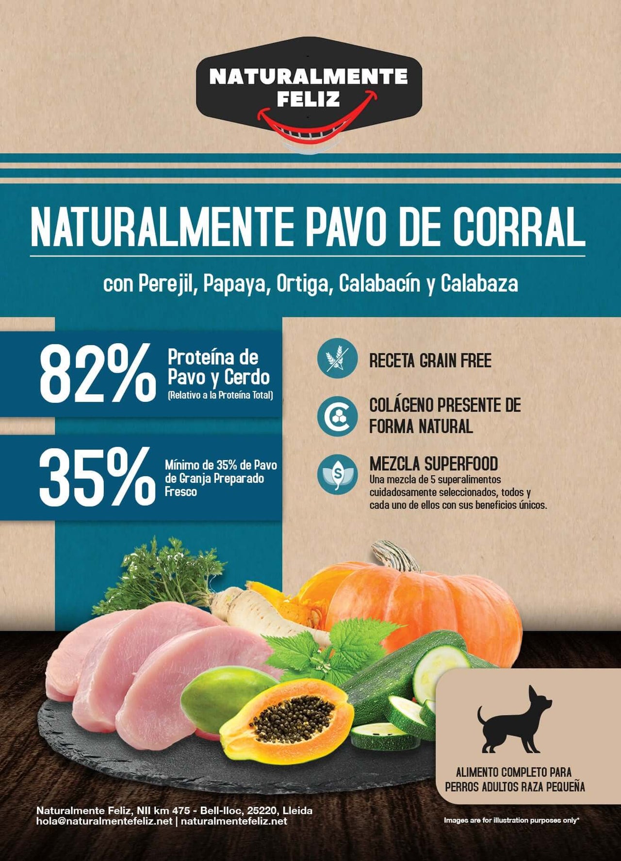 Peru naturalmente criado ao ar livre com superalimentos - Alimento seco para raças pequenas 2kg