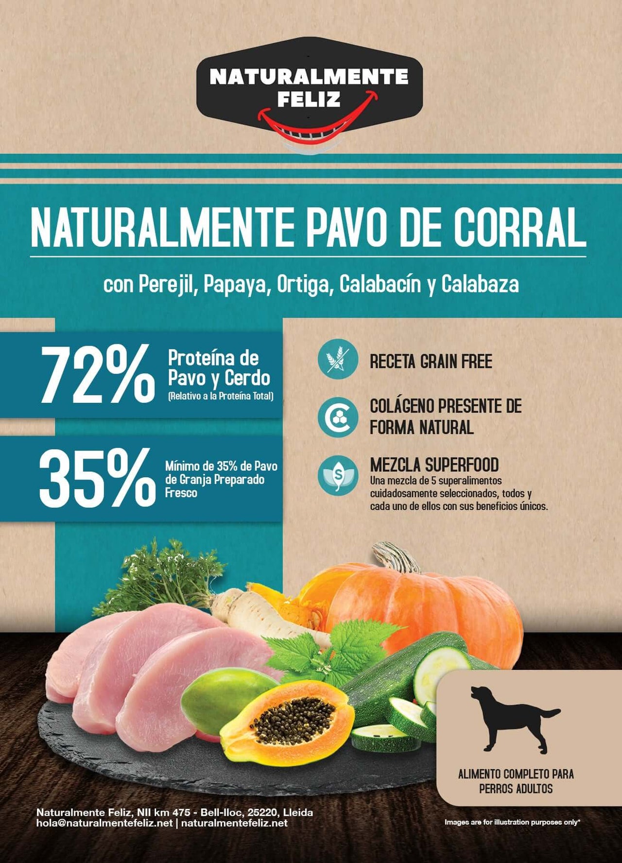 Peru naturalmente criado ao ar livre com superalimentos - Alimento seco para raças médias/grandes 6kg