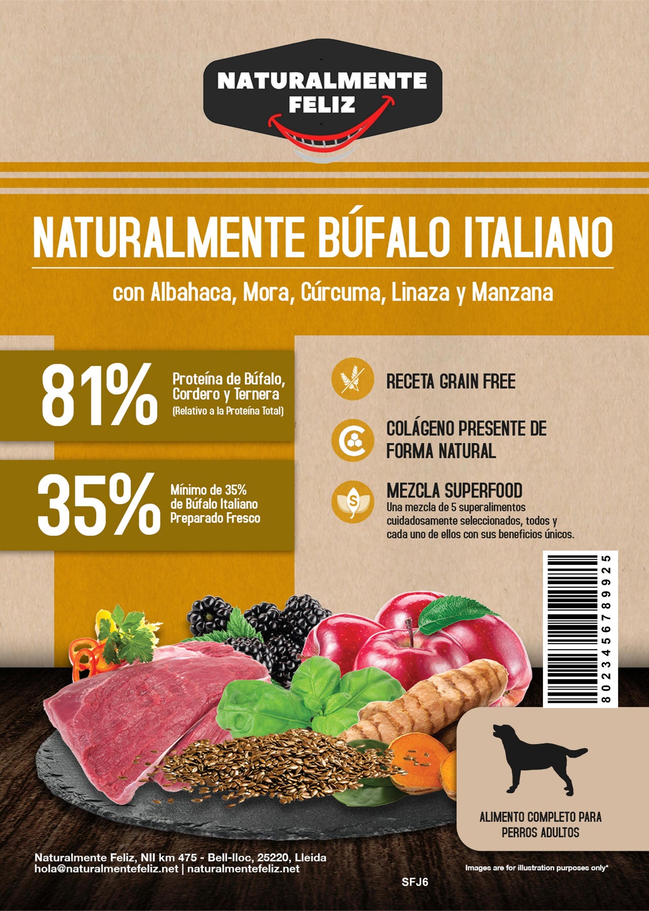 Naturalmente Búfalo Italiano con super alimentos - Pienso seco raza mediana/grande 6kg